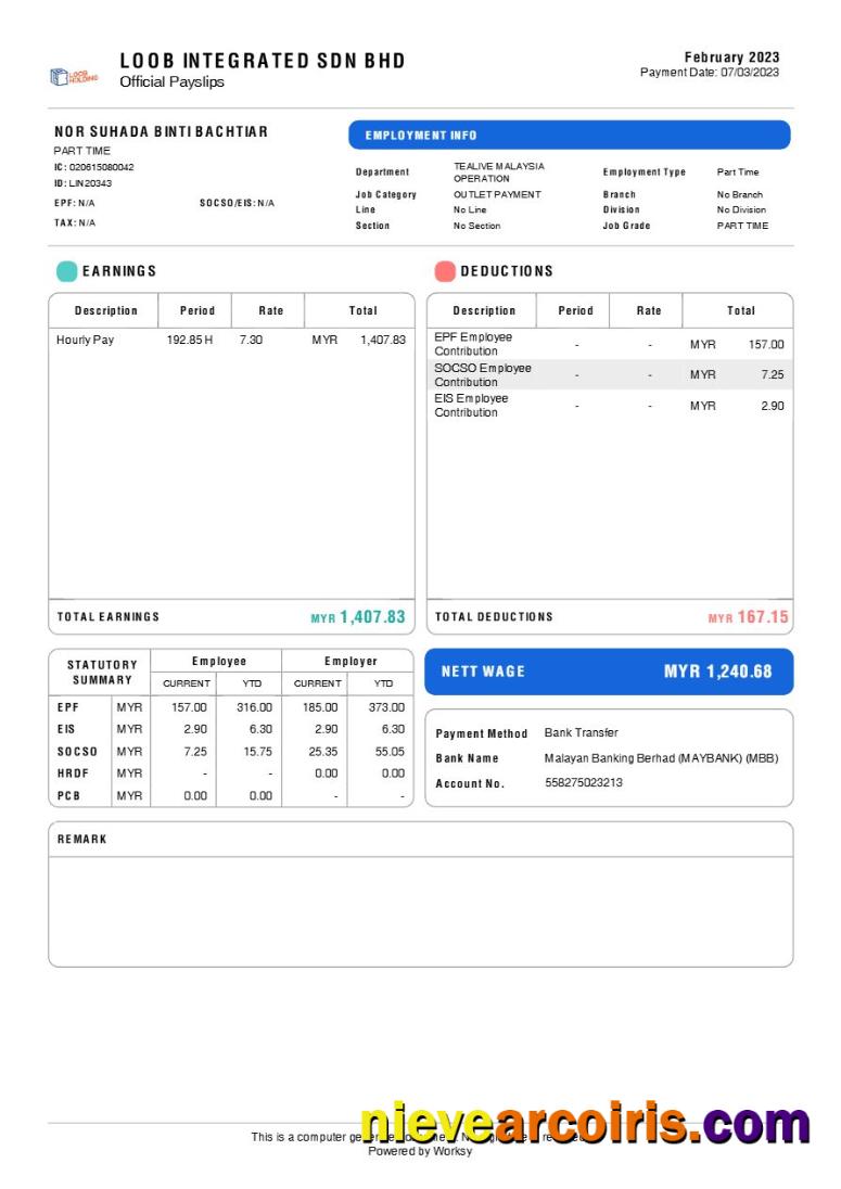 Loob Integrated tea brand payslip